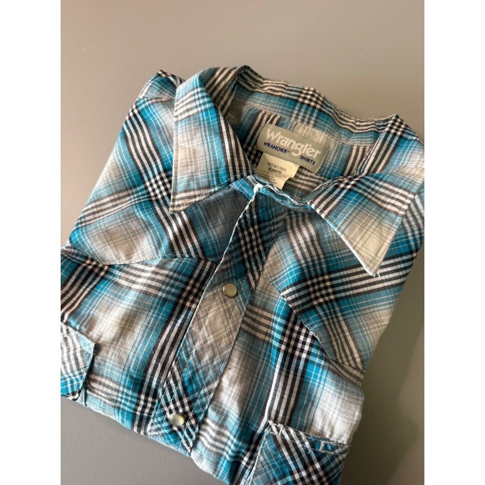 Wrangler Wrancher Mens XL Blue Plaid Western Pearl Snap Shirt MTW1353 LS